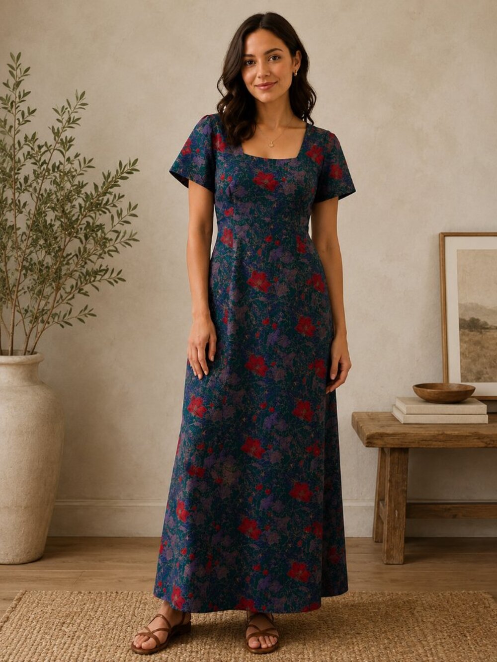Vintage Handmade Floral Print Asian Inspired Maxi Dress